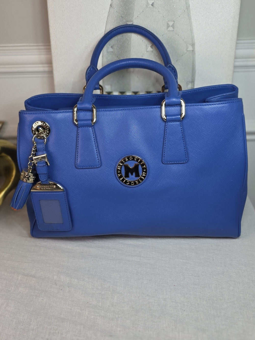 Metrocity MF404 Blue Leather Tote Bag with Authenticity Card